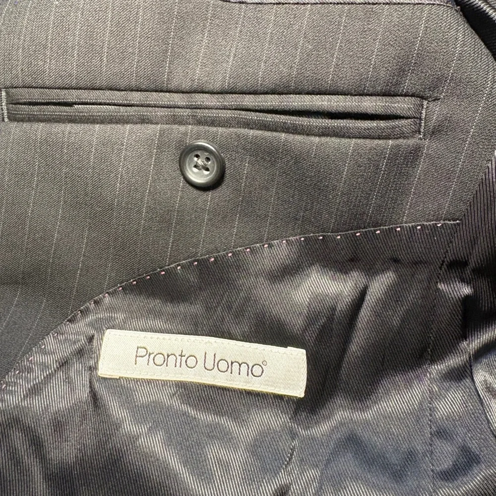 Pronto Uomo Mens 44R Black Pinstripe 100% Wool Blazer Red Painted Lapel Jacket - Picture 8 of 8